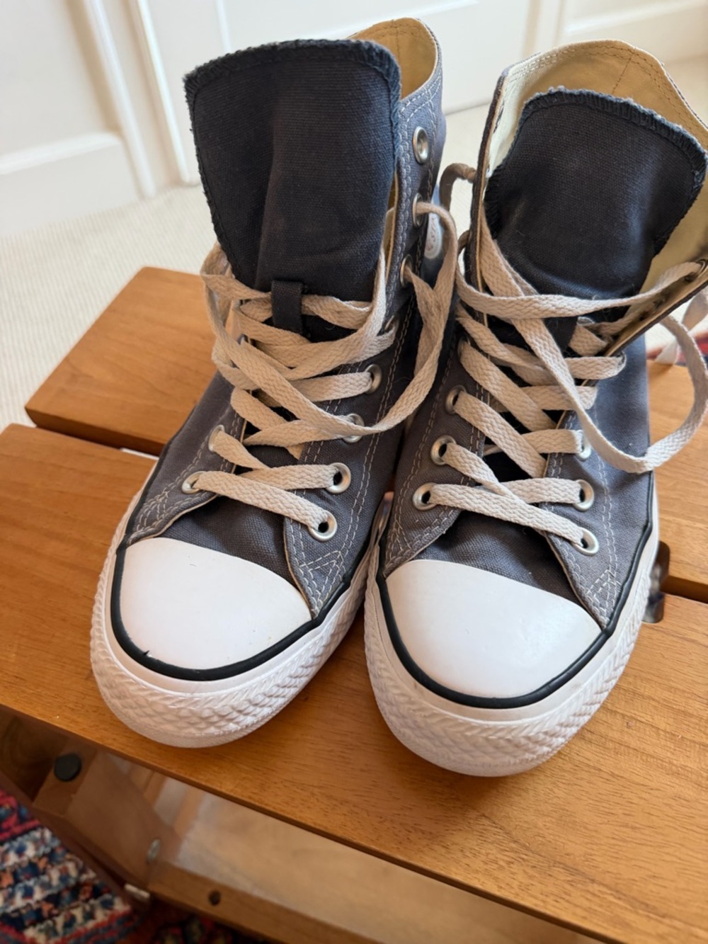Converse High-Top Sneakers in Cream and Blue Stitching